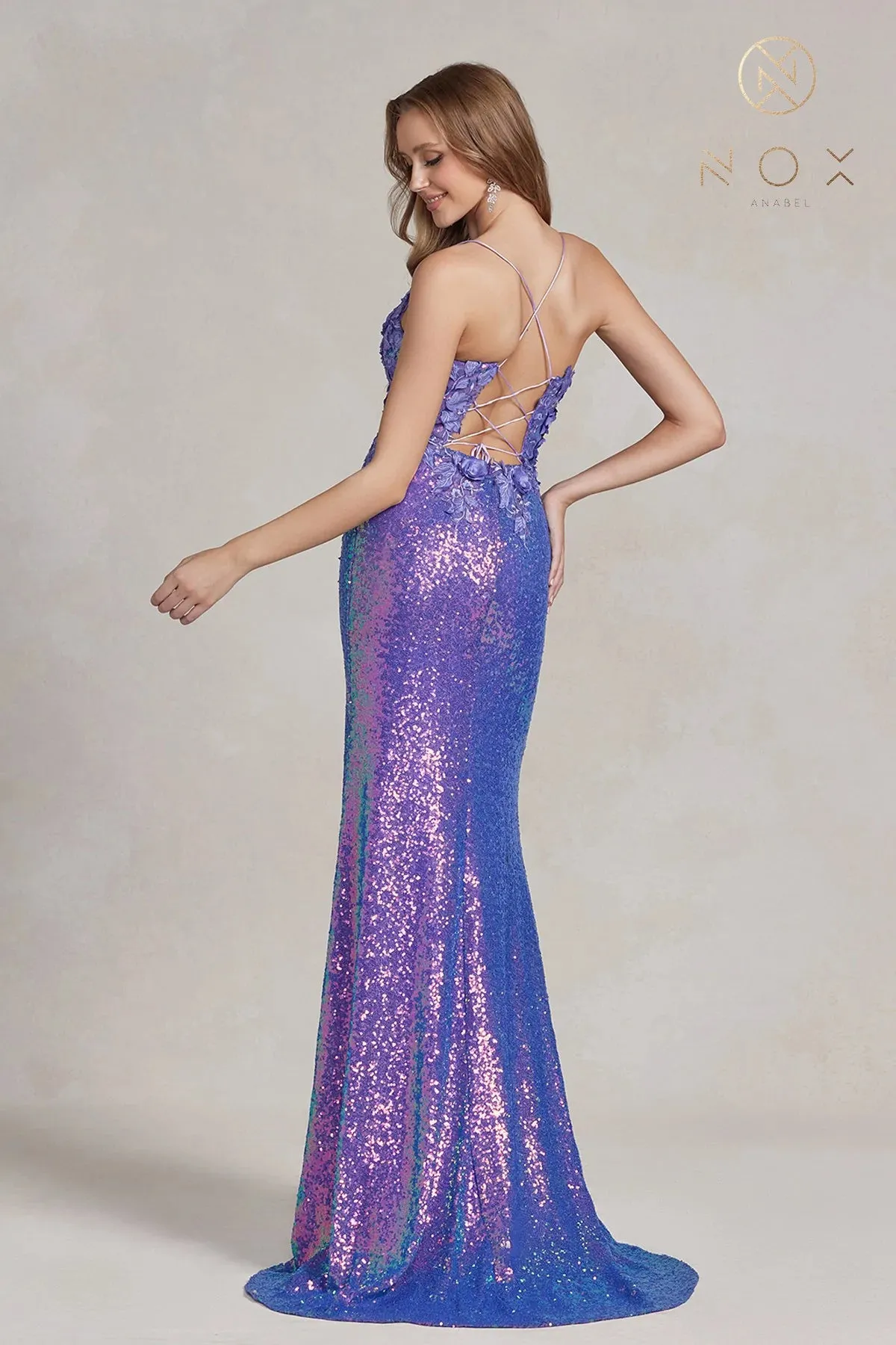 Nox Anabel R1207 Size 10 Light Purple Long Iridescent Floral Lace Sequin Prom Dress Slit Backless Corset Gown