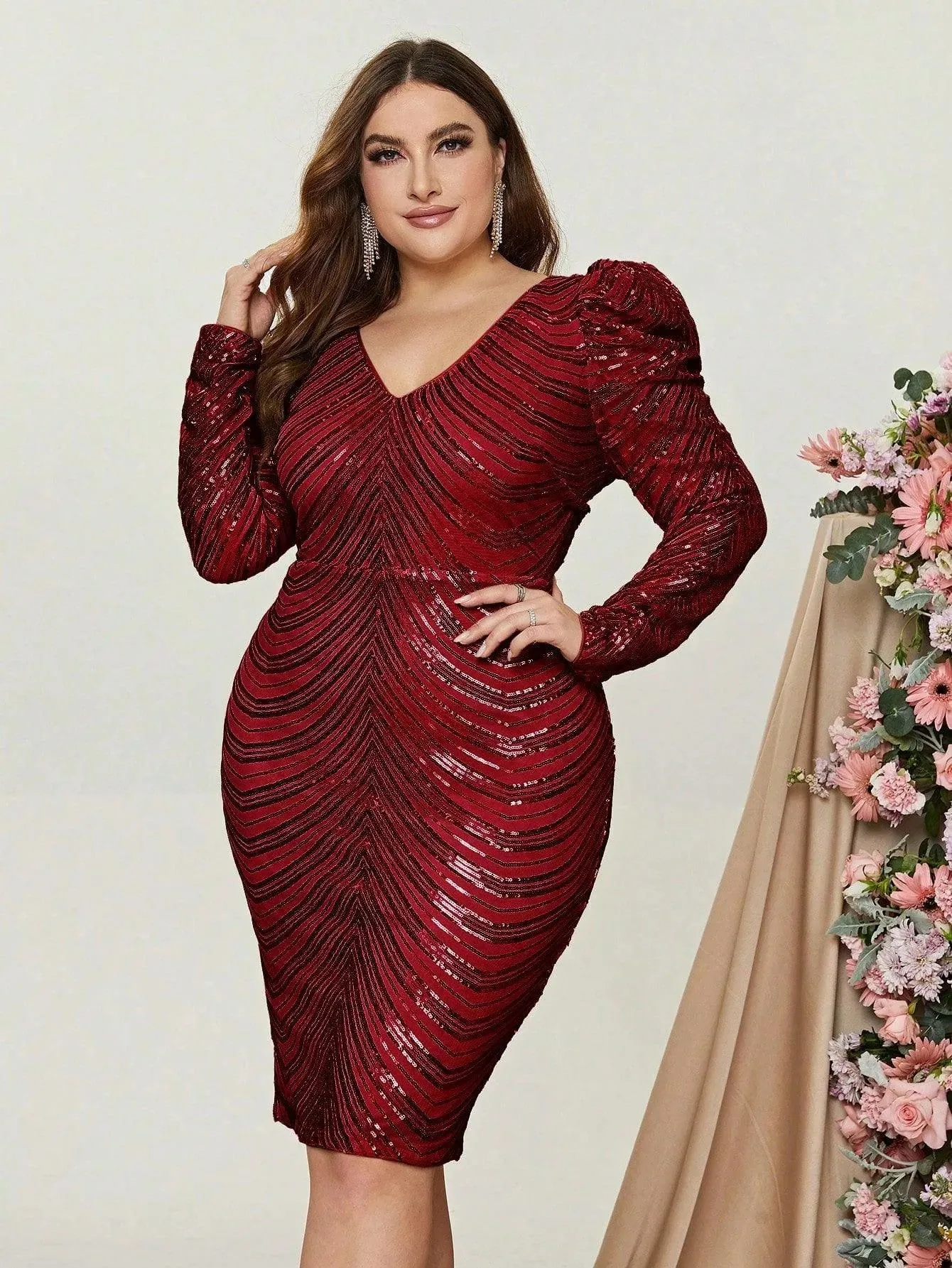 Plus Gigot Sleeves Sequin Midi Dresses