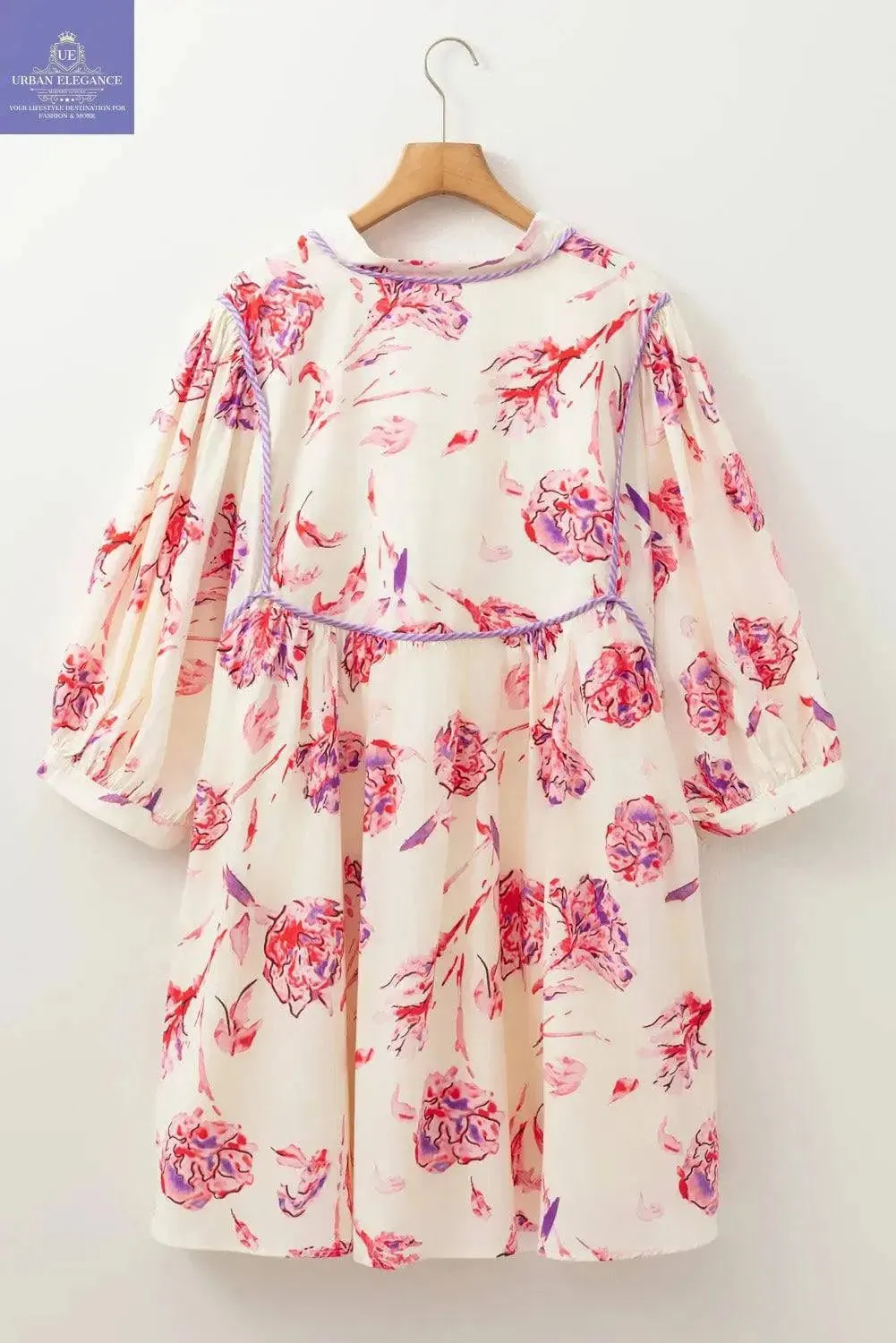 White Floral V-Neck Balloon Sleeve Plus Size Dress